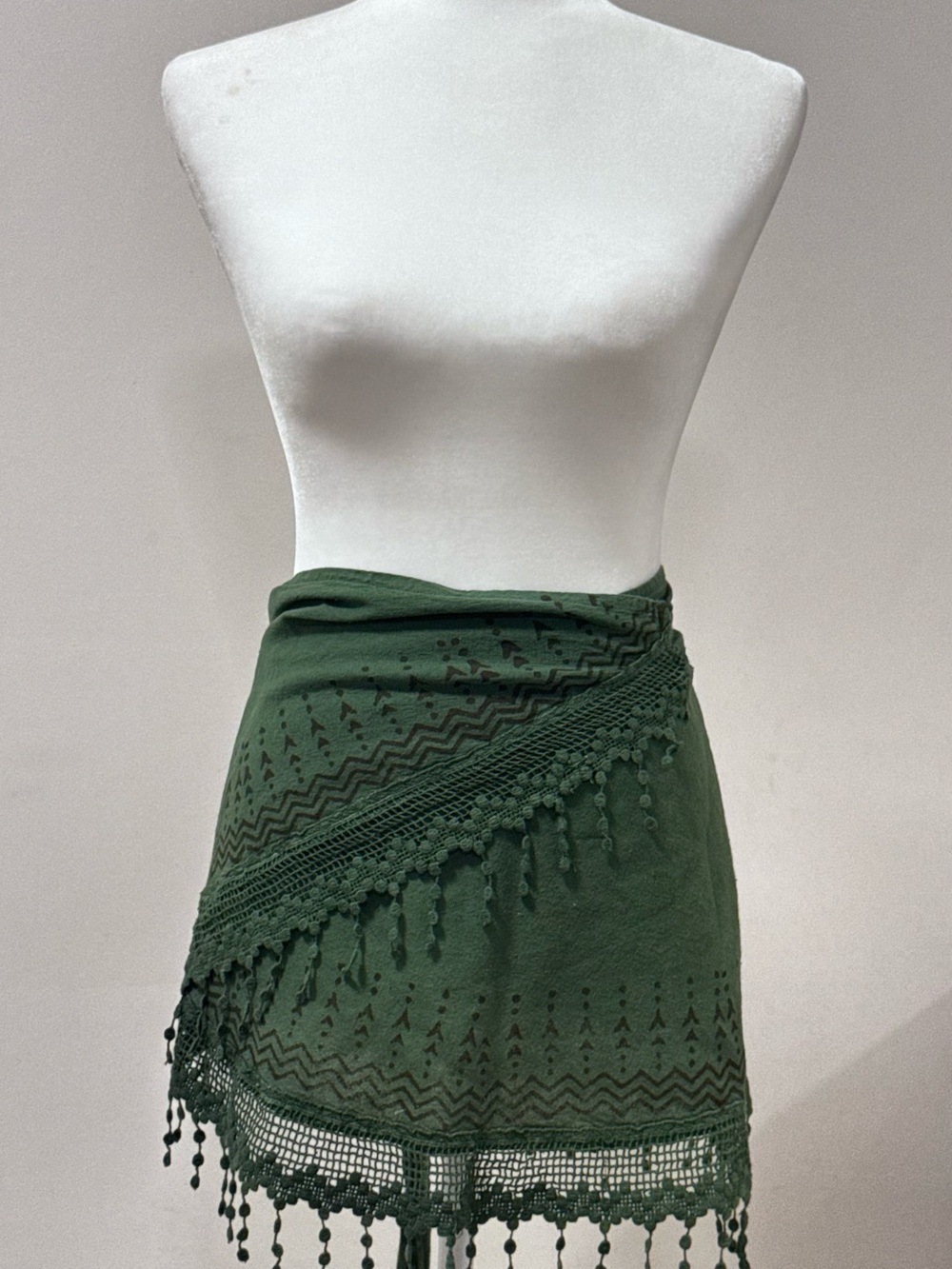 Green Cotton Beach Wrap Skirt Sarong with Crochet Fringe